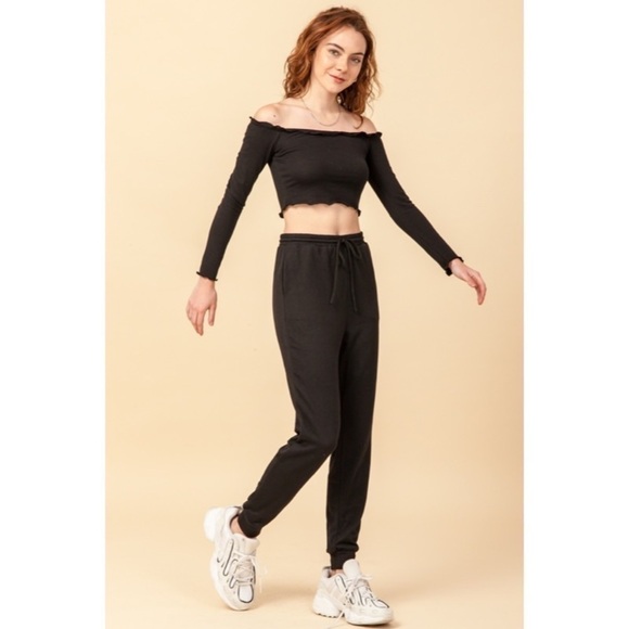 Black High Waist Drawstring Joggers Lounge Athleisure Pants - Picture 2 of 7